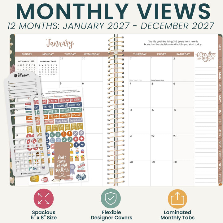 A planner product mockup showing a monthly view layout for 12 months, with a spiral-bound planner page, sticker sheets, and text highlighting features like spacious 5 x 8 size, flexible designer covers, and laminated monthly tabs.