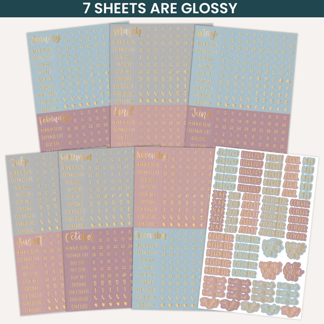 Set of glossy planner stickers with various designs on a white background