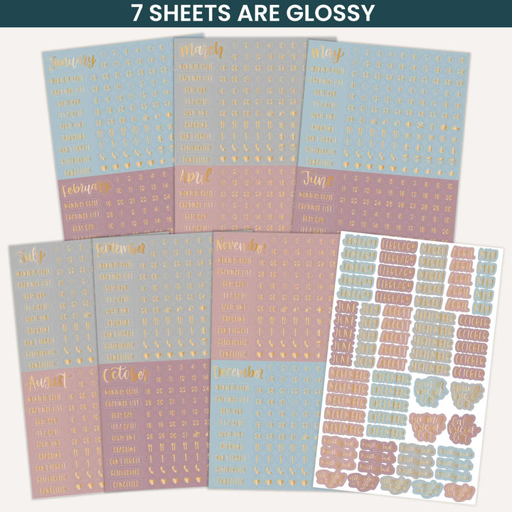 Set of glossy planner stickers with various designs on a white background