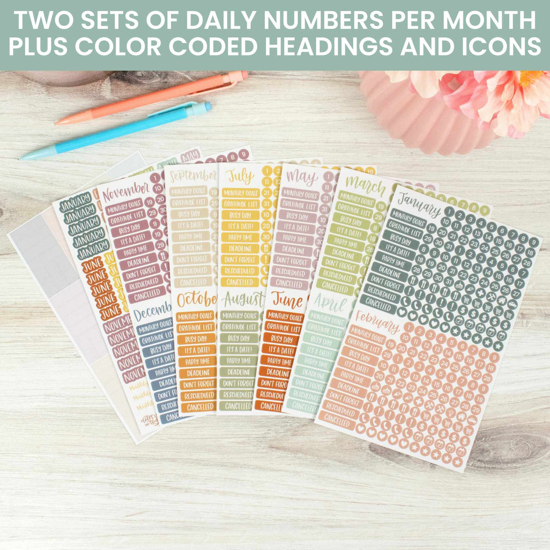 Planner Stickers, Calendar Essentials Pack, Retro Rainbow