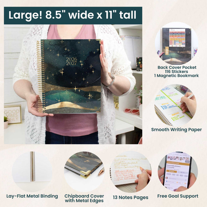 Person holding a large planner with features highlighted on a white background