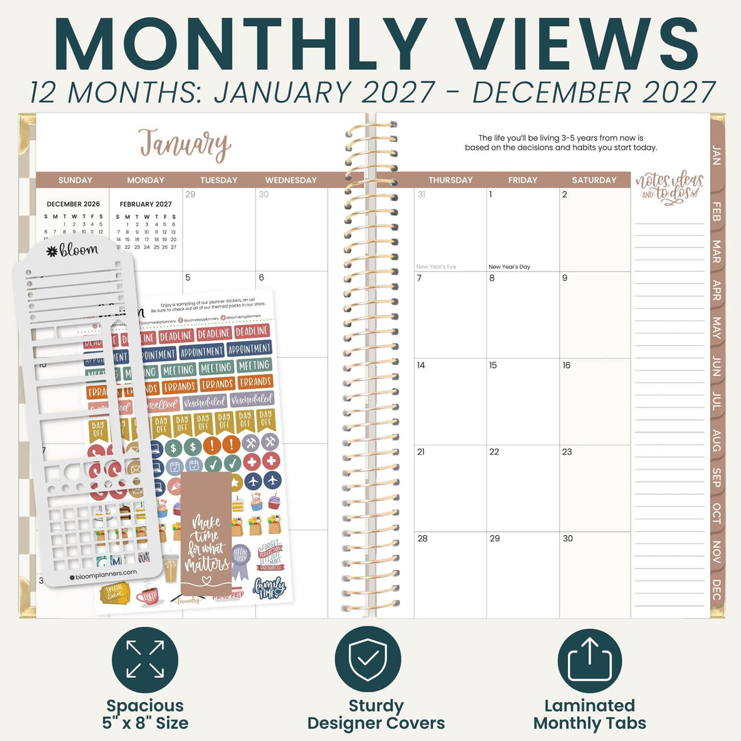 Monthly planner page spread showing a January calendar layout with spiral binding, decorative planner stickers, and marketing text reading 'MONTHLY VIEWS' and '12 MONTHS: JANUARY 2027 - DECEMBER 2027.'.