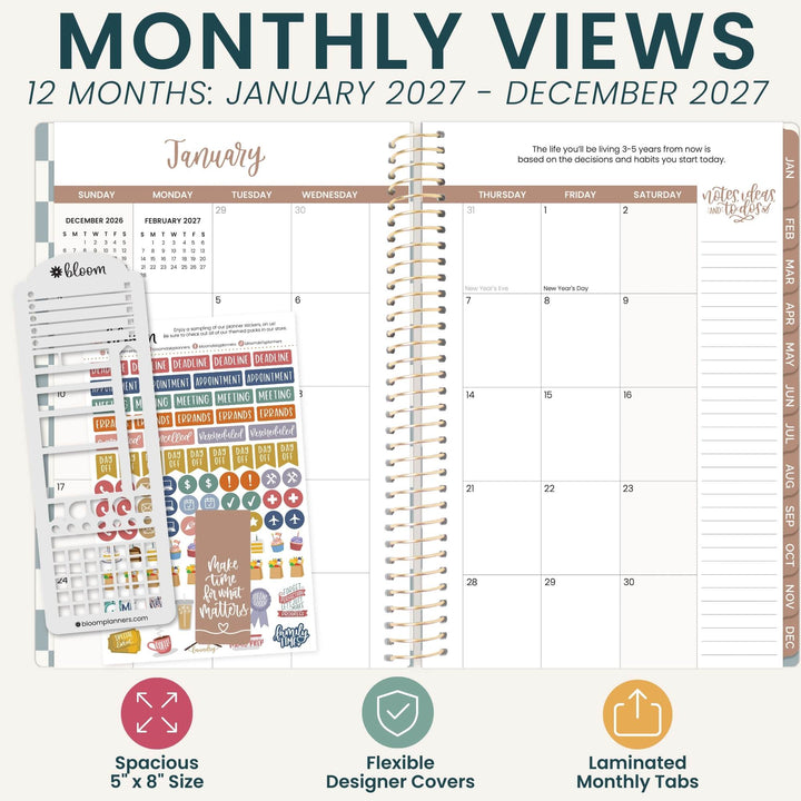 A planner product mockup showing a 12-month monthly views planner with spiral binding, colorful sticker sheets, and feature callouts for spacious 5x8 size, flexible designer covers, and laminated monthly tabs.
