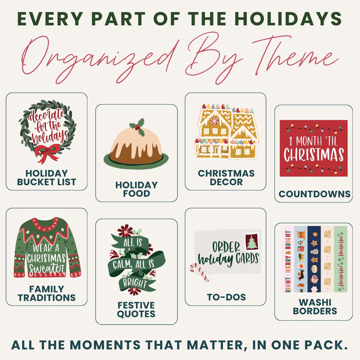 Christmas theme sticker pack layout with themed sticker categories in boxes