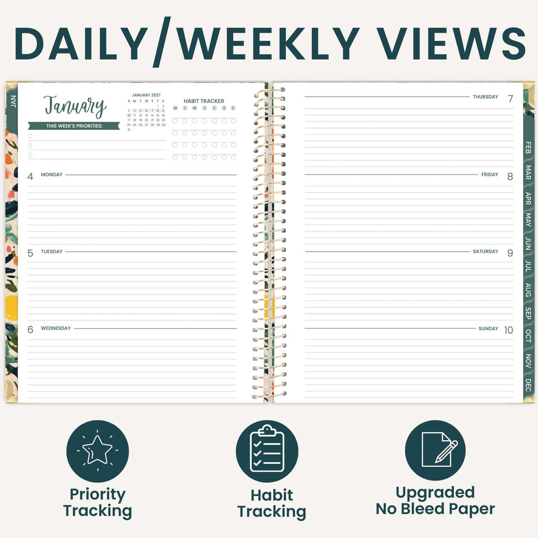 An open planner shown from above on a light beige background, with the heading 'DAILY/WEEKLY VIEWS' at the top and three feature icons below reading 'Priority Tracking,' 'Habit Tracking,' and 'Upgraded No Bleed Paper.' The planner pages are mostly white with dark teal text and small multicolor floral accents along the left and right edges.