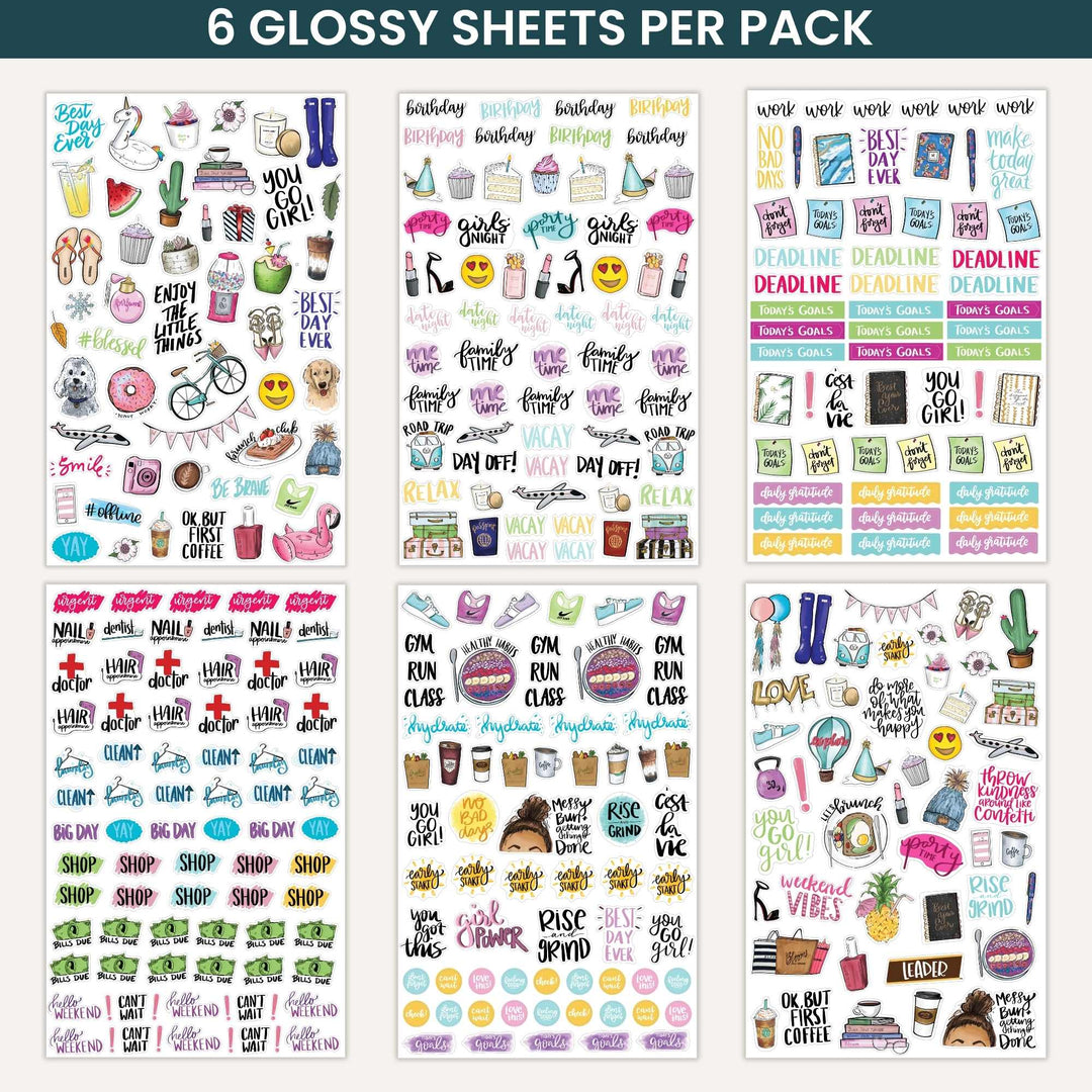 Collection of colorful planner stickers on a white background with text '6 Glossy Sheets Per Pack'.