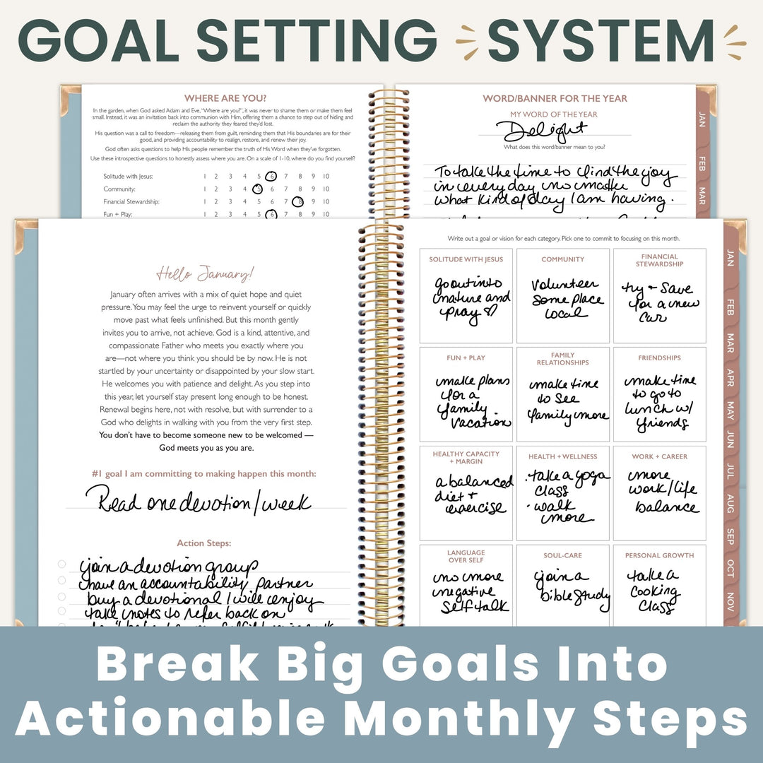An open spiral-bound planner or notebook showing printable goal-setting pages with handwritten notes and printed prompts. Large text at the top reads 'GOAL SETTING SYSTEM' and a blue banner at the bottom says 'By Big Goals Into Actionable Monthly Steps.