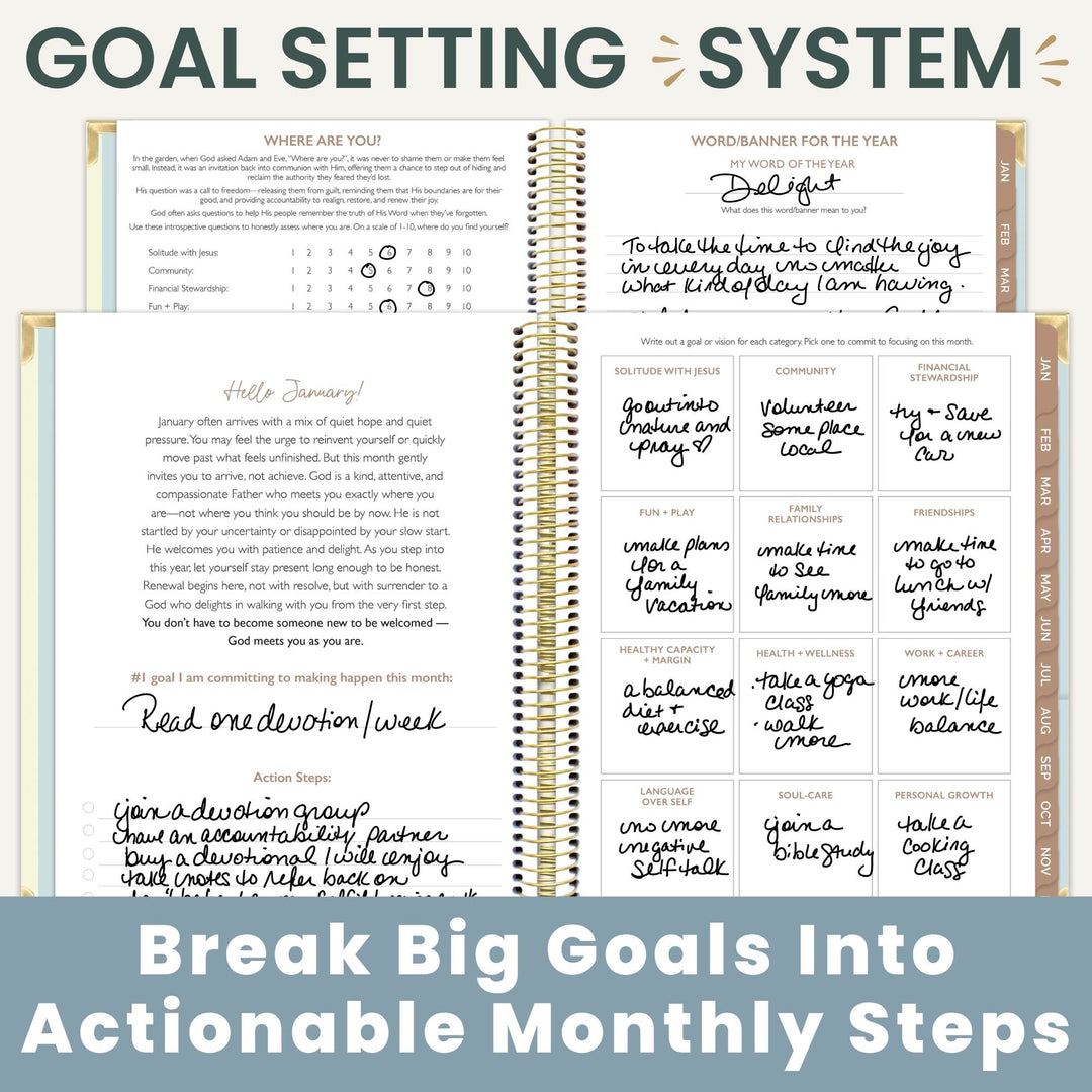 A spiral-bound planner or journal spread showing goal-setting pages with handwritten notes and printed prompts, under a large title reading 'GOAL SETTING SYSTEM' and a blue banner at the bottom that says 'Break Big Goals Into Actionable Monthly Steps.'.