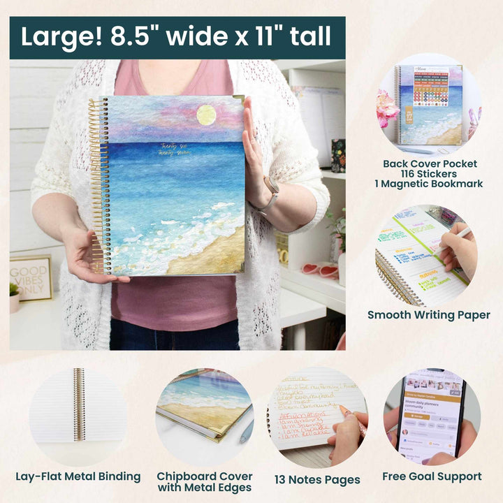 Person holding a large planner with beach design, showing features like back cover pocket and smooth writing paper.