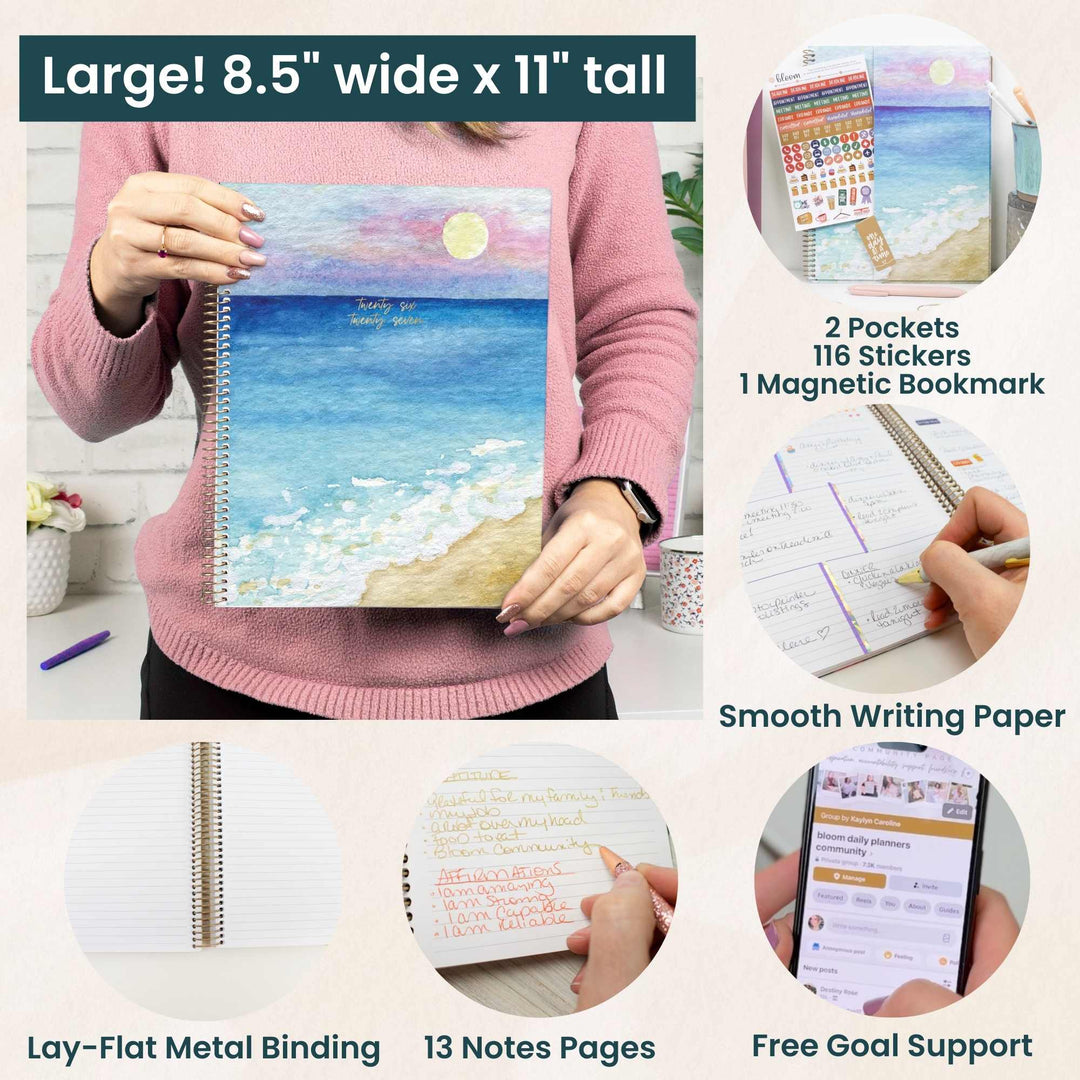 Person holding a planner with product features listed, including size, pockets, stickers, and writing paper.