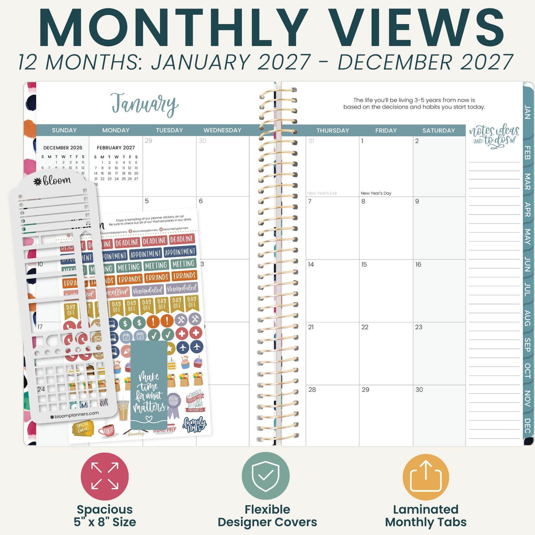 A planner product mockup showing a spiral-bound monthly view planner page with a January calendar spread, decorative stickers, and a sidebar labeled 'water your vision garden.' Large text at the top reads 'MONTHLY VIEWS 12 MONTHS: JANUARY 2027 - DECEMBER 2027,' and feature icons at the bottom mention spacious 5 x 8 size, flexible designer covers, and laminated monthly tabs.