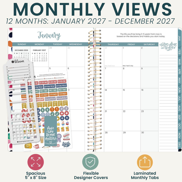 A planner product mockup showing a spiral-bound monthly view planner page with a January calendar spread, decorative stickers, and a sidebar labeled 'water your vision garden.' Large text at the top reads 'MONTHLY VIEWS 12 MONTHS: JANUARY 2027 - DECEMBER 2027,' and feature icons at the bottom mention spacious 5 x 8 size, flexible designer covers, and laminated monthly tabs.