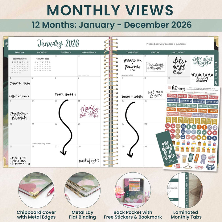 2026 Hard Cover Planner, 8.5" x 11", Emerald Paint Strokes