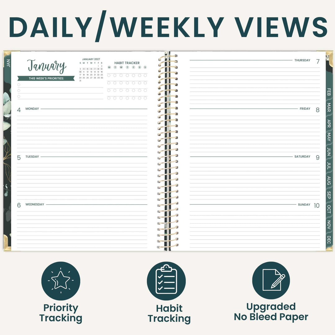 An open spiral-bound planner shown from the inside, with daily and weekly view layouts, habit tracker sections, and lined pages. Large text at the top reads 'DAILY/WEEKLY VIEWS,' and three feature icons at the bottom highlight priority tracking, habit tracking, and upgraded no bleed paper.