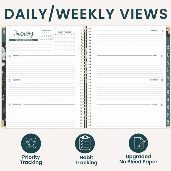 An open spiral-bound planner shown from the inside, with daily and weekly view layouts, habit tracker sections, and lined pages. Large text at the top reads 'DAILY/WEEKLY VIEWS,' and three feature icons at the bottom highlight priority tracking, habit tracking, and upgraded no bleed paper.