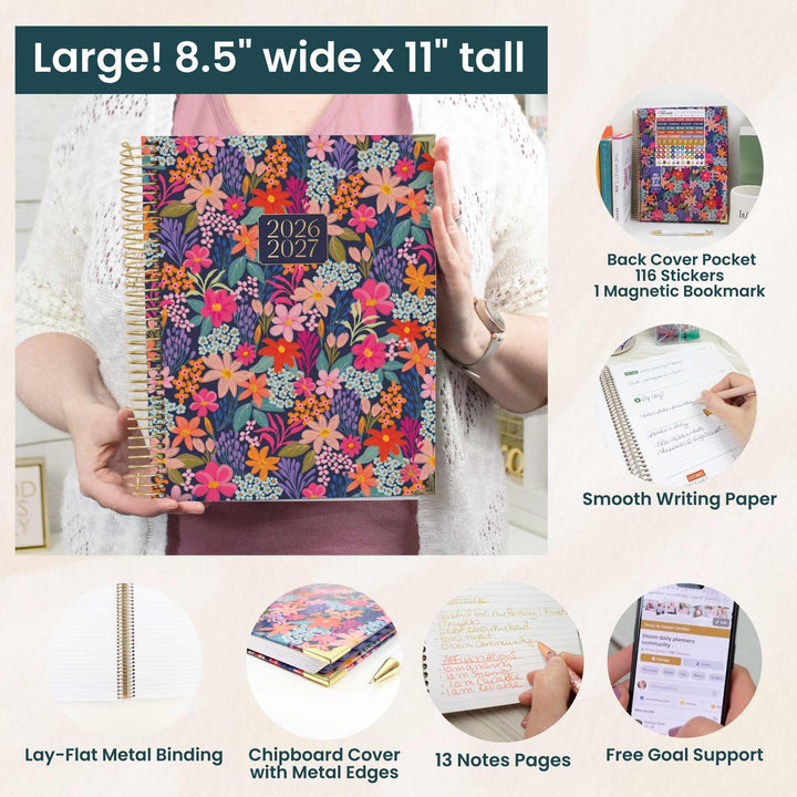 Floral planner held by a person with features listed on a white background