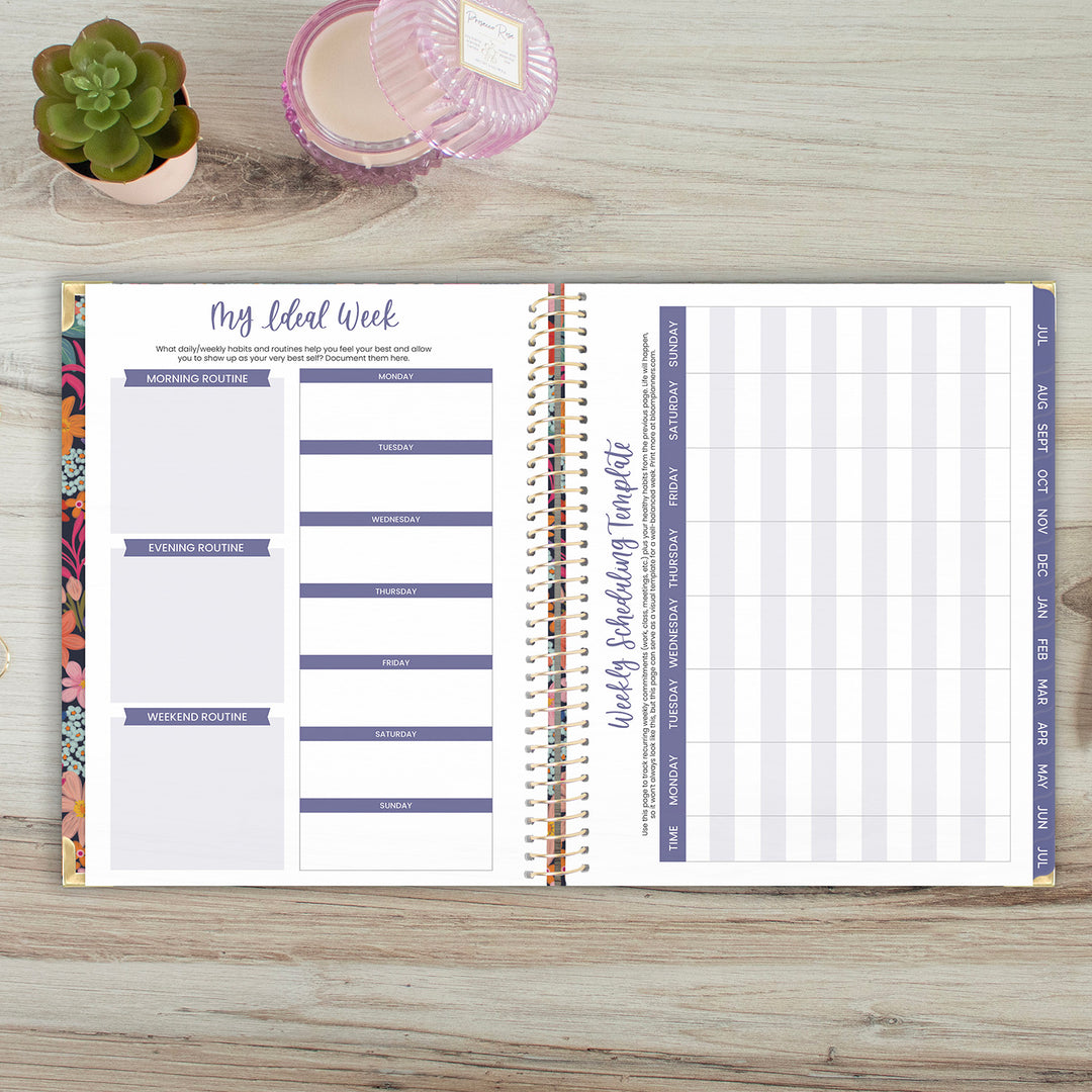 Open planner on a wooden surface with a small plant and pink container in the background