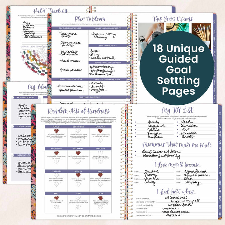 Guided goal setting pages from a planner with various sections and text.
