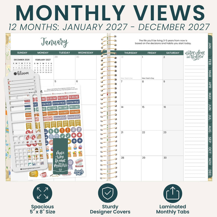 A monthly planner spread showing a January calendar page, lined monthly view columns, and sticker sheets on a light beige background. Large text at the top reads 'MONTHLY VIEWS' and '12 MONTHS: JANUARY 2027 - DECEMBER 2027', with feature icons at the bottom.