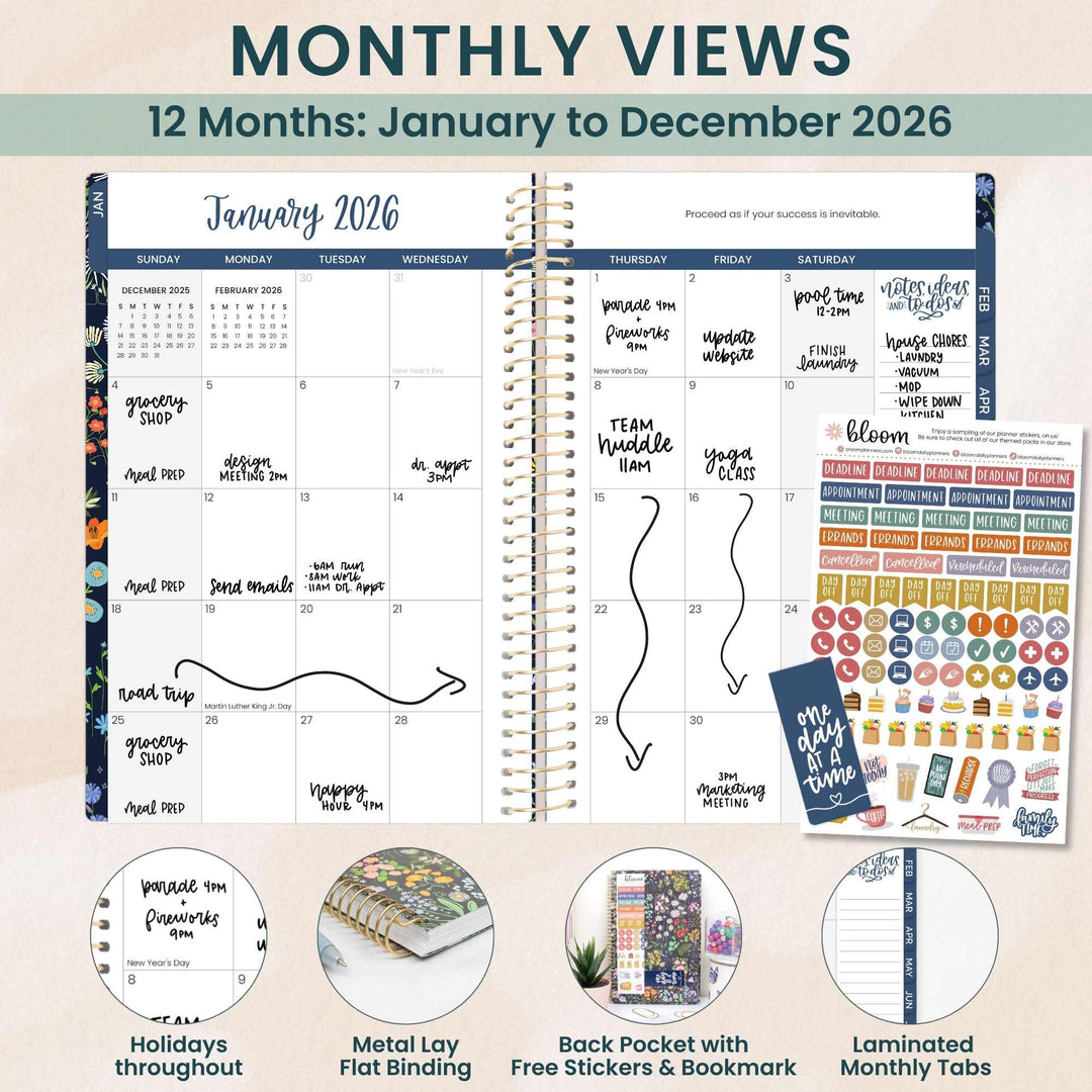 2026 Soft Cover Planner, 5.5" x 8.25", Garden Party, Navy