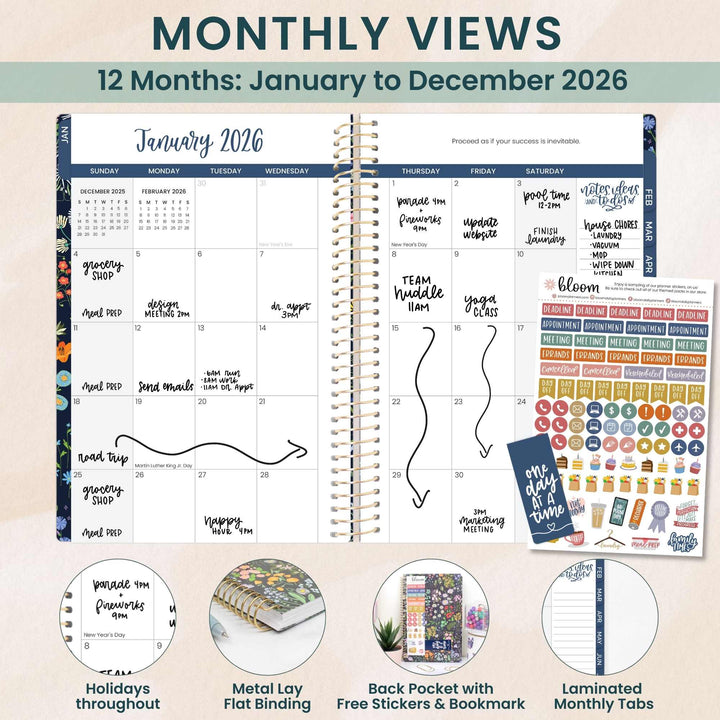 2026 Soft Cover Planner, 5.5" x 8.25", Garden Party, Navy