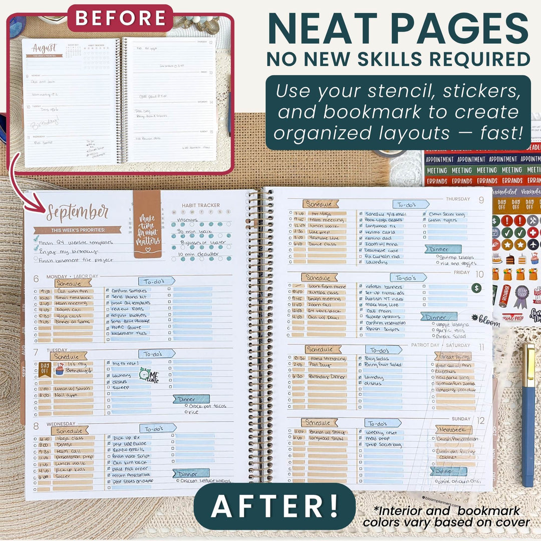 A promotional graphic for a planner organizer kit showing an open spiral-bound planner with filled in monthly layouts, a smaller inset of an open blank planner page labeled BEFORE, and a sheet of colorful stickers on the right. Large text reads 'NEAT PAGES NO NEW SKILLS REQUIRED' and 'AFTER!' with a note that interior and bookmark colors vary based on cover.