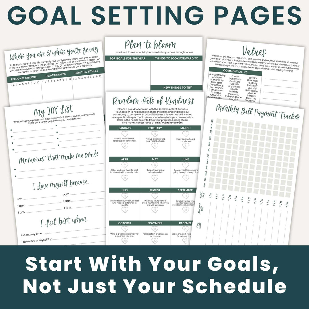A set of goal-setting worksheet pages displayed on a light background, with large title text reading 'GOAL SETTING PAGES' at the top and the phrase 'Start With Your Goals, Not Just Your Schedule' at the bottom.