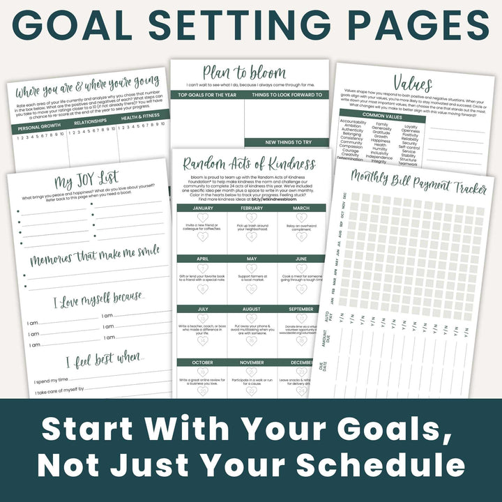 A set of goal-setting worksheet pages displayed on a light background, with large title text reading 'GOAL SETTING PAGES' at the top and the phrase 'Start With Your Goals, Not Just Your Schedule' at the bottom.