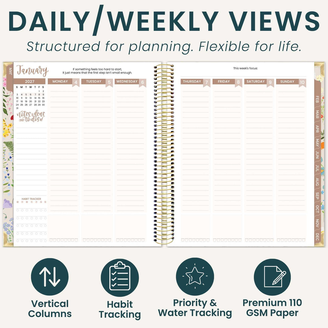 An open spiral-bound planner shown on a light gray background with large headline text reading 'DAILY/WEEKLY VIEWS' and supporting copy. The planner pages feature columns for daily and weekly planning, with decorative floral border accents and a gold spiral binding.