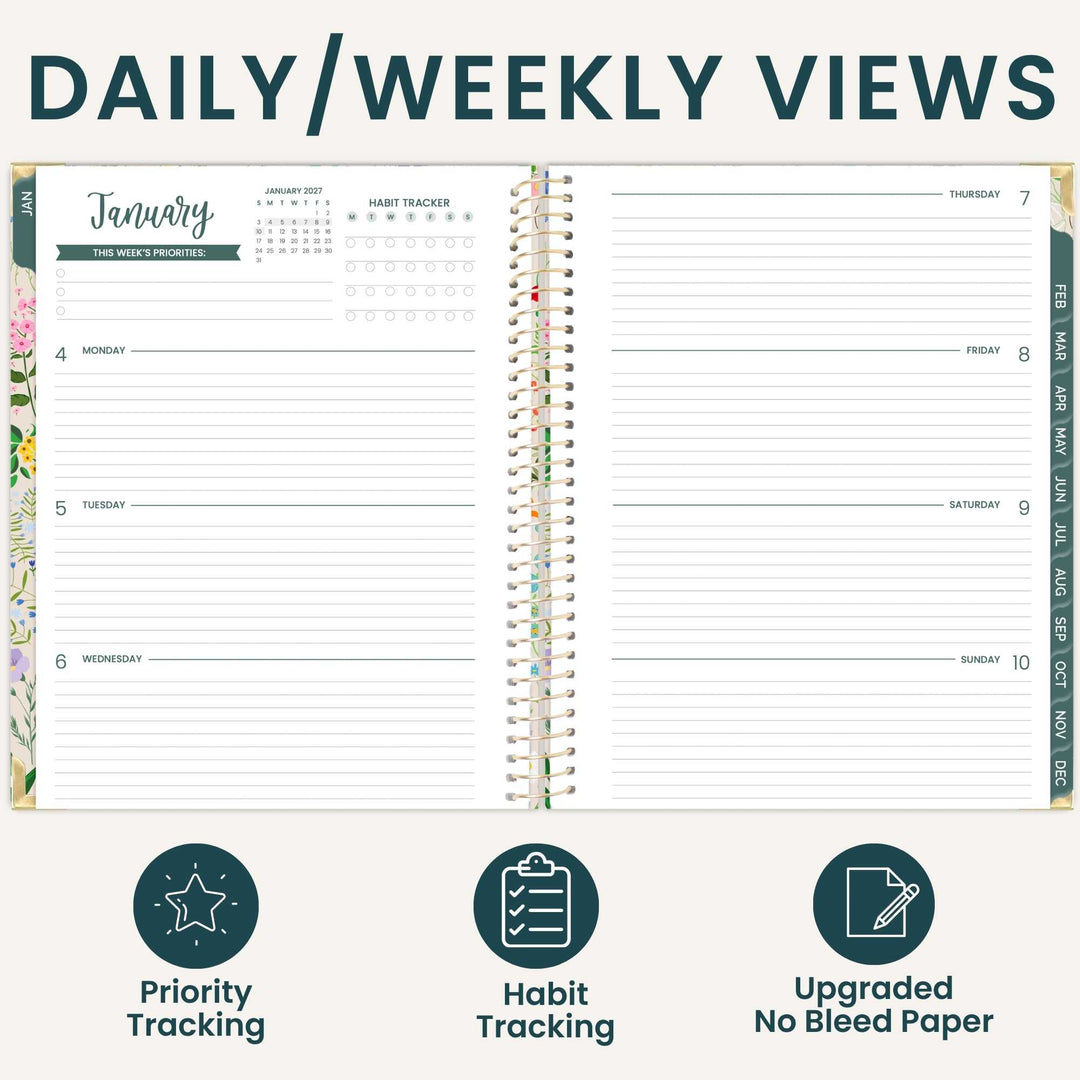 An open spiral-bound planner shown on a light beige background with the heading 'DAILY/WEEKLY VIEWS' at the top and three feature icons below: Priority Tracking, Habit Tracking, and Upgraded No Bleed Paper. The planner pages are mostly white with dark teal text and lines, and the cover edge has small floral accents.
