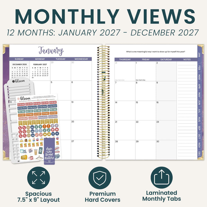An open spiral-bound monthly planner shown on a light beige background with marketing text reading 'MONTHLY VIEWS' and feature callouts below. The planner displays a January layout with columns for Sunday through Friday, a notes section, and decorative headers.