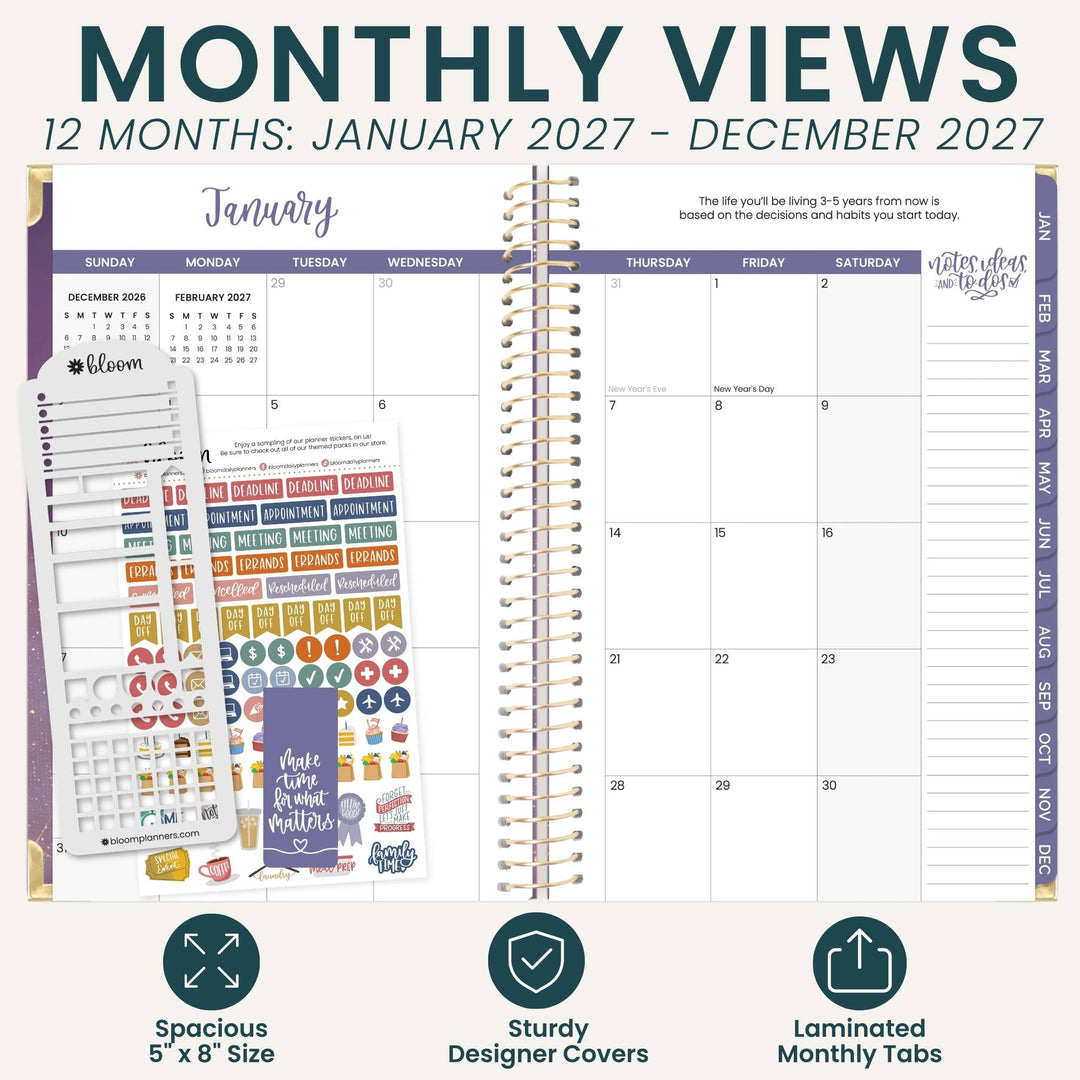 A planner product mockup showing a monthly calendar spread titled 'MONTHLY VIEWS' with 12 months from January 2027 to December 2027. The planner page has a spiral binding, purple header bands, and a sheet of colorful planner stickers displayed on the left.