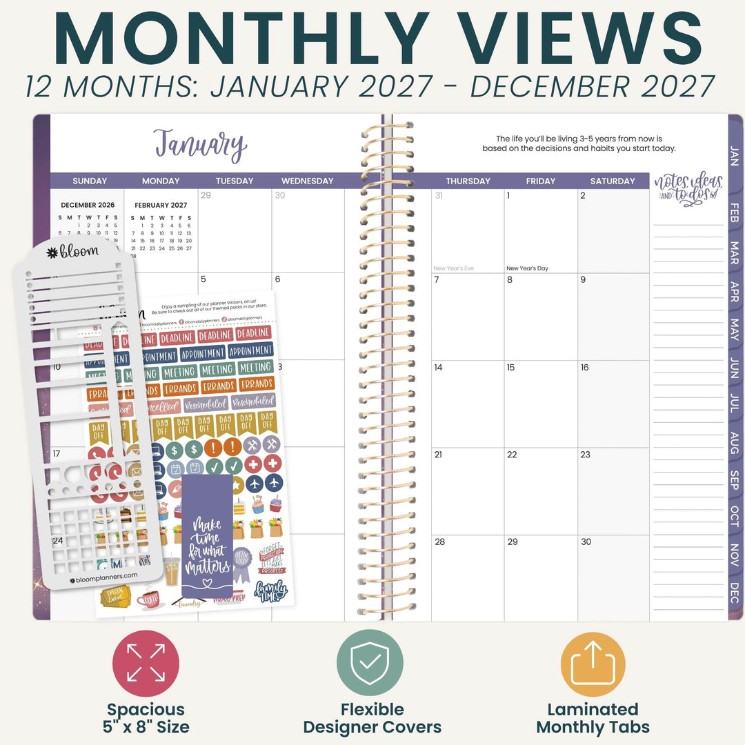 A planner set preview titled 'MONTHLY VIEWS' showing a spiral-bound monthly calendar page with planner stickers and labeled tabs. The image includes text about 12 months from January 2027 to December 2027 and feature callouts for spacious 5 x 8 size, flexible designer covers, and laminated monthly tabs.