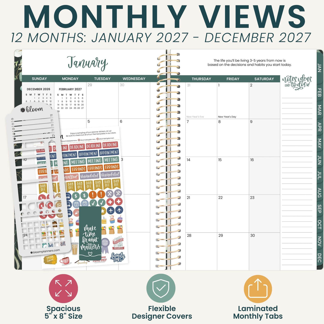 A monthly planner spread showing a January calendar page, sticker sheets, and planner tabs, with large text reading 'MONTHLY VIEWS 12 MONTHS: JANUARY 2027 - DECEMBER 2027' and feature icons below.