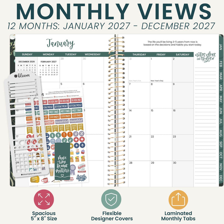 A monthly planner spread showing a January calendar page, sticker sheets, and planner tabs, with large text reading 'MONTHLY VIEWS 12 MONTHS: JANUARY 2027 - DECEMBER 2027' and feature icons below.