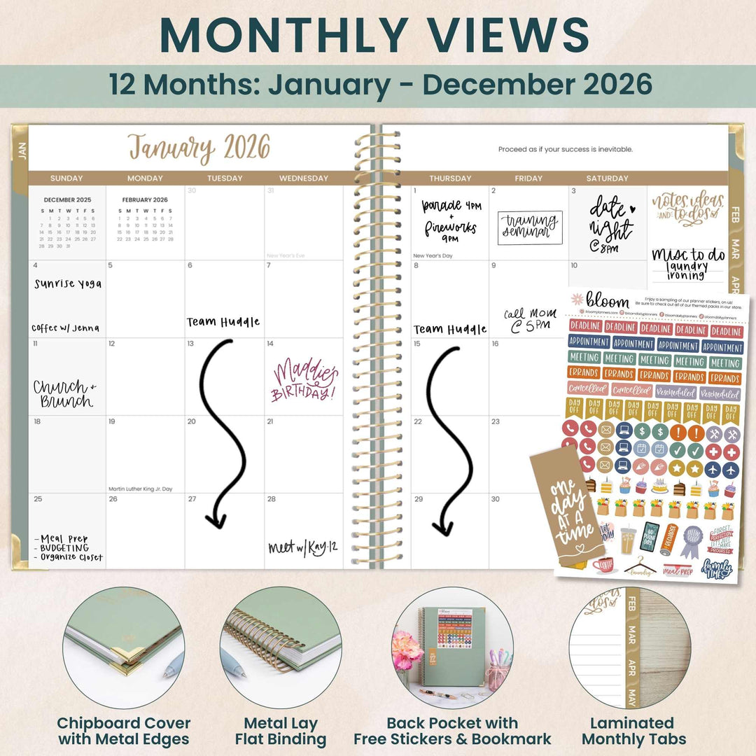 2026 Hard Cover Planner, 8.5" x 11", Linen, Green