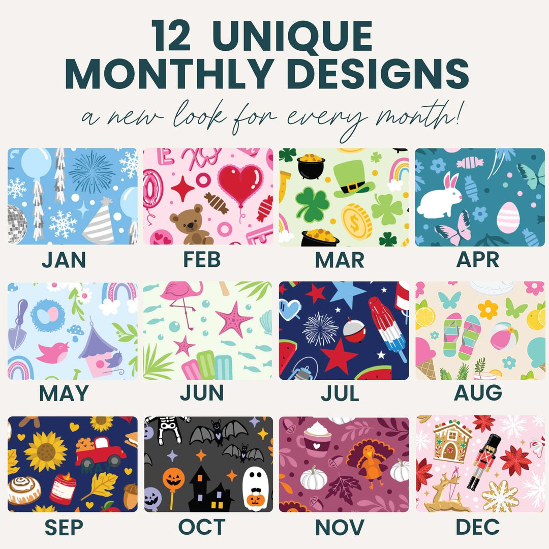 Grid of 12 monthly design patterns with corresponding months displayed.