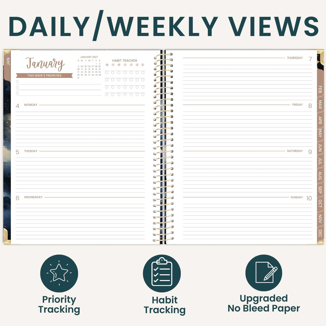 An open spiral-bound planner shown on a light beige background with the heading 'DAILY/WEEKLY VIEWS' at the top and three feature icons below. The planner pages are white with dark teal lines and text, and the cover edge shows a tan/beige section labeled 1st through 10th.