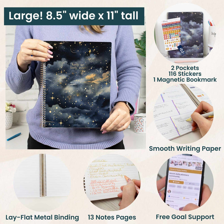 Person holding a large planner with features listed on the screen