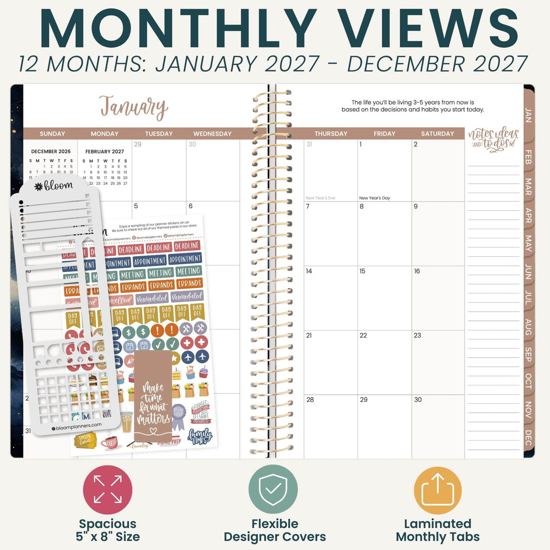 A planner spread showing a January monthly view layout with columns for Sunday through Saturday, decorative header bands, blank date boxes, and a small inset of sticker sheets. Large text at the top reads 'MONTHLY VIEWS 12 MONTHS: JANUARY 2027 - DECEMBER 2027,' and feature callouts at the bottom mention spacious 5 x 8 size, flexible designer covers, and laminated monthly tabs.