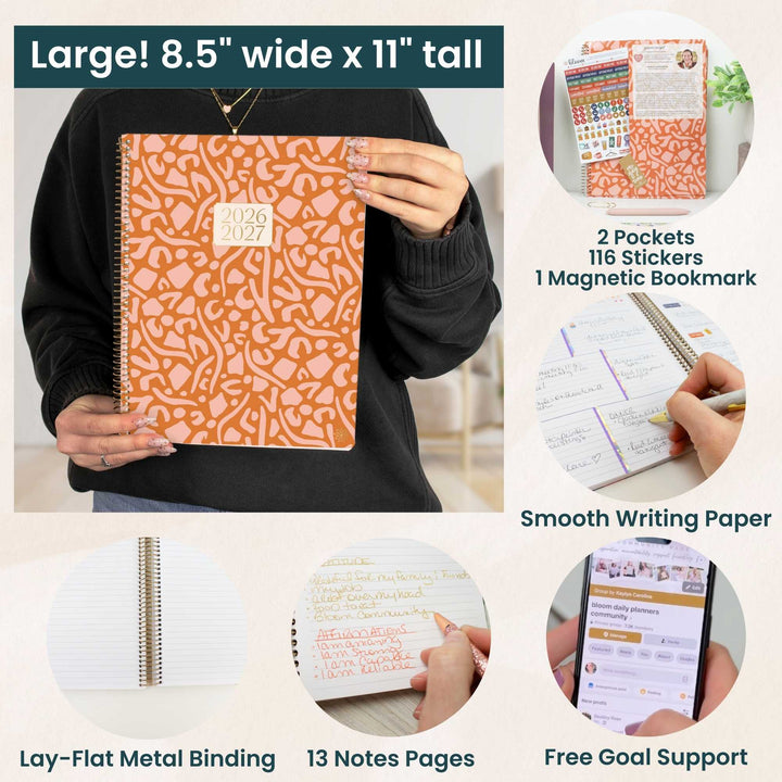 Collage of a large planner with features highlighted, including size, pockets, stickers, and writing paper.