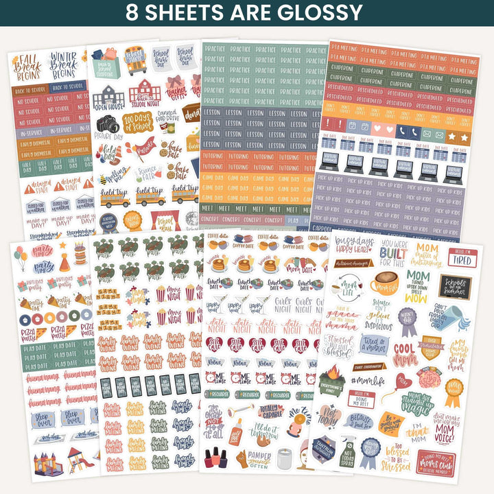 Collection of mom and kid themed planner stickers with various designs on a white background