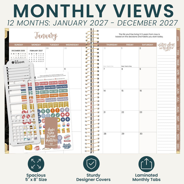 A promotional graphic for a monthly planner page set showing a January planner spread with spiral binding, large calendar grids, and several sticker sheets on a light beige background. Text at the top reads 'MONTHLY VIEWS' and '12 MONTHS: JANUARY 2027 - DECEMBER 2027,' with feature icons below.