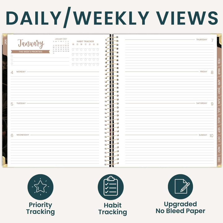 An open spiral-bound planner shown on a light beige background with the heading 'DAILY/WEEKLY VIEWS' at the top and three feature icons below: Priority Tracking, Habit Tracking, and Upgraded No Bleed Paper. The planner pages are white with dark teal text and lines, and a January view is visible on the left page.