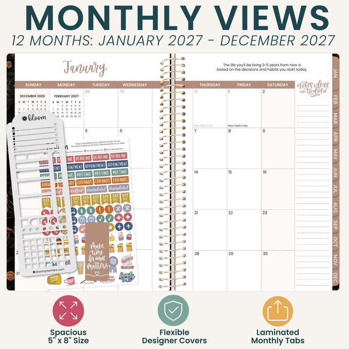 A planner spread showing a January monthly view with columns for Sunday through Saturday, plus sticker sheets and planner tabs. Large text at the top reads 'MONTHLY VIEWS 12 MONTHS: JANUARY 2027 - DECEMBER 2027' and feature icons at the bottom for spacious 5 x 8 size, flexible designer covers, and laminated monthly tabs.