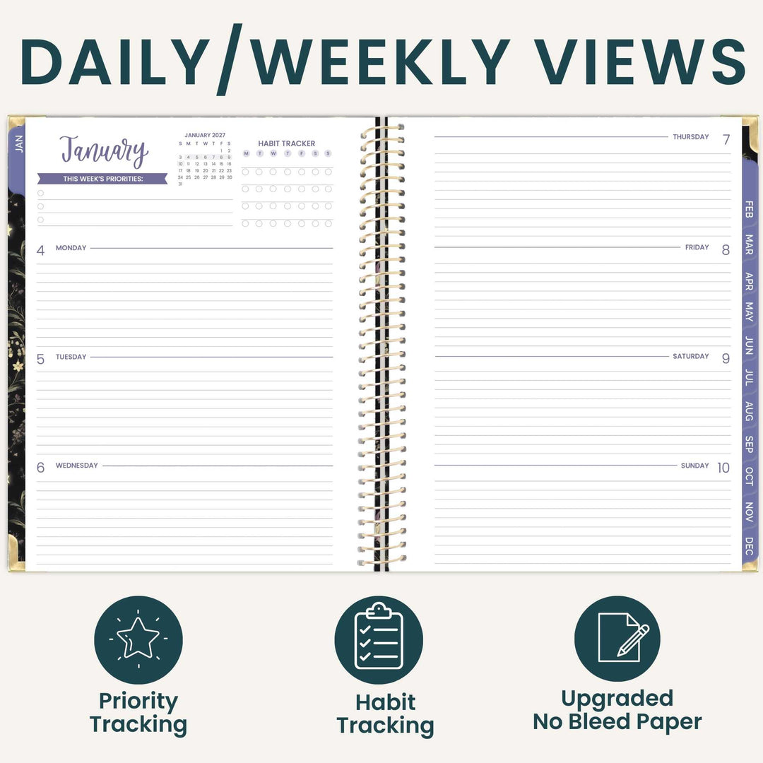 An open spiral-bound planner shown on a light beige background with the heading 'DAILY/WEEKLY VIEWS' at the top and three feature icons below: Priority Tracking, Habit Tracking, and Upgraded No Bleed Paper. The planner pages are white with dark teal text and lines, and a January view is visible on the left page.