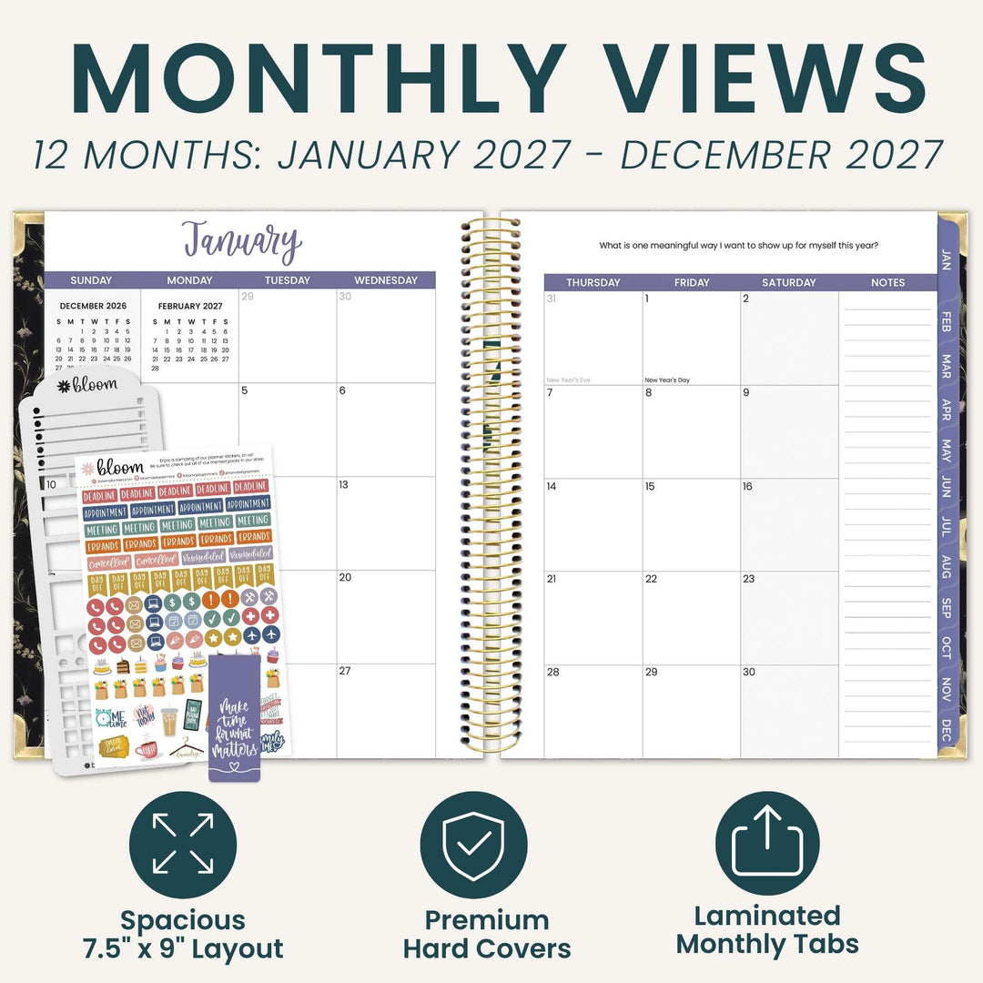 An open spiral-bound monthly planner layout shown with sticker sheets and three feature callouts below. The planner displays a 12-month view from January 2027 to December 2027 with columns for Sunday through Saturday and a notes section.