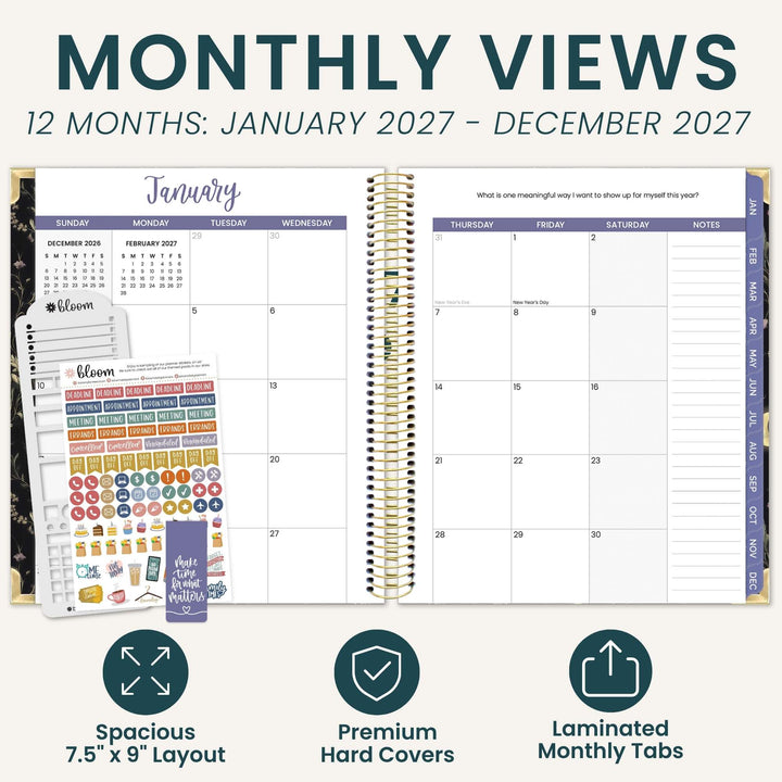 An open spiral-bound monthly planner layout shown with sticker sheets and three feature callouts below. The planner displays a 12-month view from January 2027 to December 2027 with columns for Sunday through Saturday and a notes section.