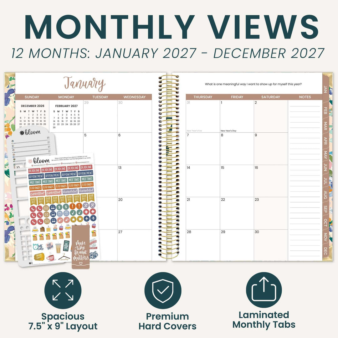 A promotional graphic for a monthly views planner set showing an open spiral-bound planner with January 2027 pages, sticker sheets, and three feature icons below. The text at the top reads 'MONTHLY VIEWS 12 MONTHS: JANUARY 2027 - DECEMBER 2027'.