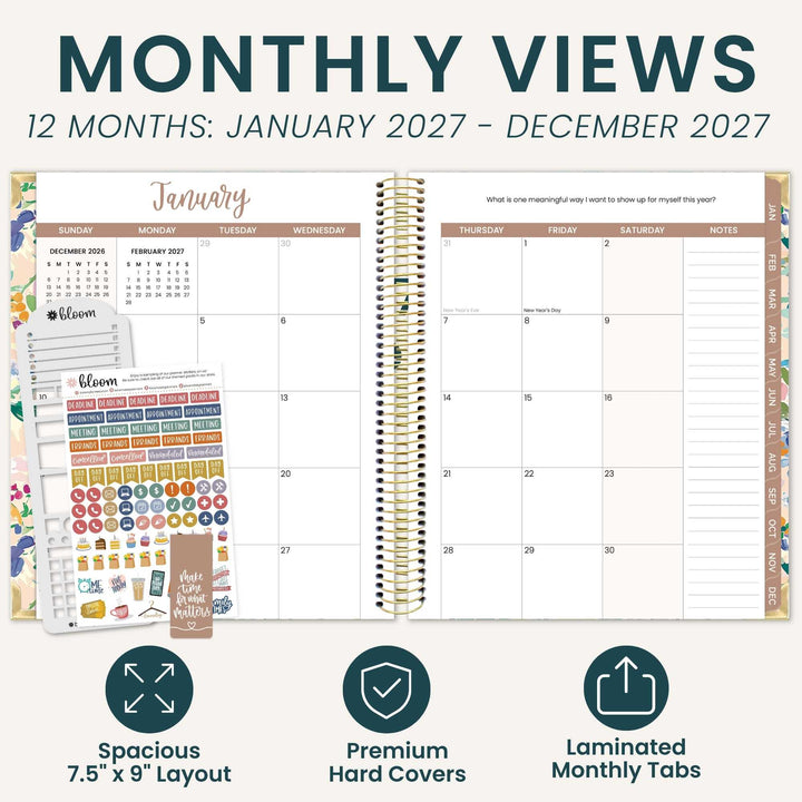 A promotional graphic for a monthly views planner set showing an open spiral-bound planner with January 2027 pages, sticker sheets, and three feature icons below. The text at the top reads 'MONTHLY VIEWS 12 MONTHS: JANUARY 2027 - DECEMBER 2027'.